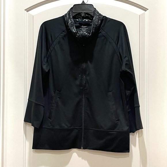 New Soma Jacket Large Black 3/4 Sleeve Stretch Knit Zip Top - Picture 3 of 5